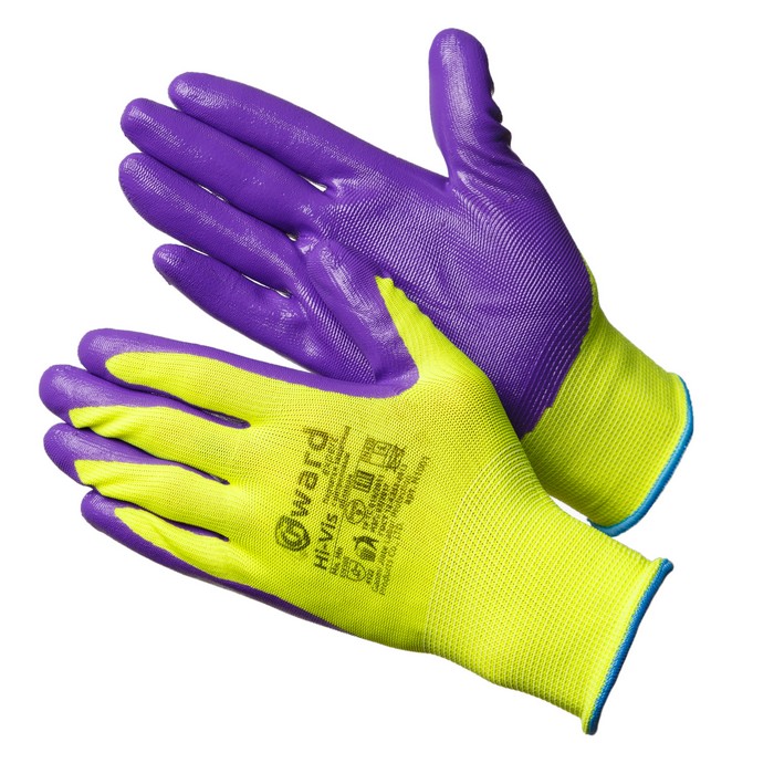 Gward Hi-Vis Перчатки ярко-зеленые нейлоновые с фиолетовым нитрилом покрытием Gward Hi-Vis Перчатки ярко-зеленые нейлоновые с фиолетовым нитрилом покрытием